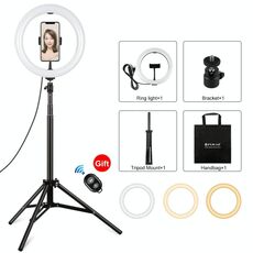 PULUZ 10.2 pollici 26 centimetri Light + 1.65m treppiede superficie curva USB Temperatura 3 modalità dimmerabile a due colori Anello Vlogging video live luce Kit Broadcast con Phone & pinza selfie telecomando (Nero)