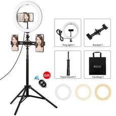 Puluz 1.65m Treppiede Mount + Dual Telefono Staffe + 10.2 pollici 26 cm Superficie curva Superficie USB 3 Modalità Dimmable Dual Color Temperature Anello A Selfie Vlogging Video Light Light Kit di trasmissione in diretta con morsetto telefonico e telecoma