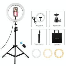 PULUZ 10,2 pollici 26 cm Anello luminoso + 1,1 m Supporto per treppiede USB 3 modalità Dimmerabile Doppia temperatura colore LED Curvo Luce diffusa Vlogging Selfie Fotografia Luci video con morsetto per telefono e telecomando per selfie (Nero)