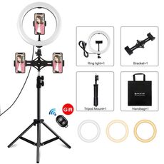 PULUZ 10,2 pollici 26 cm di luce + 1,1 m di montaggio per treppiede + doppia staffa per telefono USB 3 modalità dimmerabile doppia temperatura colore LED curvo anello di luce diffusa Vlogging selfie fotografia luci video con morsetto telefono e telecomand