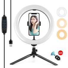 PULUZ 10,2 pollici 26 cm luce + supporto treppiede da tavolo USB 3 modalità dimmerabile doppia temperatura colore LED curvo anello di luce diffusa Vlogging selfie fotografia luci video con morsetto telefono e telecomando selfie (nero)