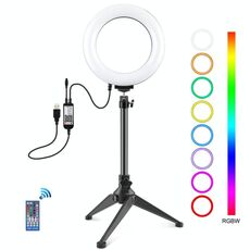 PULUZ 6,2 pollici 16 cm RGBW Luce + Supporto per treppiede da tavolo + USB Dimmerabile LED Anello Vlogging Fotografia Luci video con scarpa fredda Testa a sfera treppiede e telecomando (Nero)