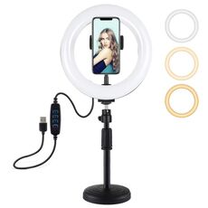 PULUZ 7,9 pollici 20 cm luce + porta rotonda porta desktop supporto USB 3 modalità dimmerabile doppia temperatura colore a LED luce curva anello Vlogging selfie fotografia video luci con morsetto telefonico (nero)