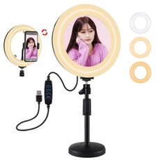 PULUZ 7,9 pollici 20 cm luce a specchio + base rotonda montaggio desktop 3 modalità dimmerabile doppia temperatura colore LED anello luminoso curvo vlogging selfie fotografia luci video con morsetto telefono (nero)