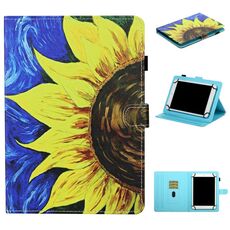 Per tablet universale da 7 pollici con cuciture colorate, custodia in pelle a ribaltamento orizzontale con supporto e slot per schede e striscia antiscivolo (girasole)