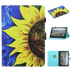 Per Kindle Fire HD8 (2020) / HD8 Plus (2020) Custodia in pelle a ribaltamento orizzontale con cucitura a disegno colorato con supporto, slot per schede e funzione sleep / wake-up (girasole)