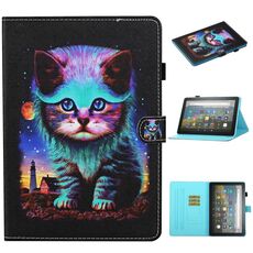 Per Kindle Fire HD8 (2020) / HD8 Plus (2020) Custodia in pelle a ribaltamento orizzontale con cucitura a disegno colorato con supporto e slot per schede e funzione di sospensione / sveglia (gatto notturno)