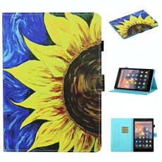 Per Kindle Fire HD10 2015/2017/2019 Custodia in pelle a ribaltamento orizzontale con cuciture colorate con supporto e slot per schede e funzione sleep / wake-up (girasole)
