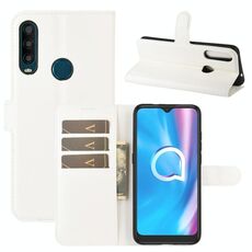 Per Alcatel 1SE 2020 Custodia protettiva a vibrazione orizzontale con struttura litchi con supporto e slot per schede e portafoglio (bianco)