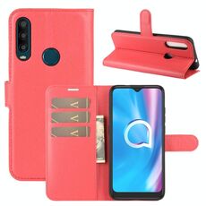Per Alcatel 1SE 2020 Custodia protettiva a vibrazione orizzontale con struttura litchi con supporto e slot per schede e portafoglio (rosso)