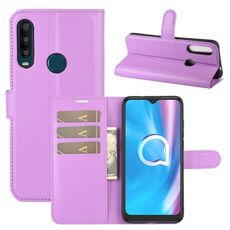 Per Alcatel 1SE 2020 Custodia protettiva a vibrazione orizzontale con struttura litchi con supporto e slot per schede e portafoglio (viola)