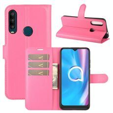 Per Alcatel 1SE 2020 Custodia protettiva a vibrazione orizzontale con struttura litchi con supporto e slot per schede e portafoglio (rosa rossa)