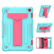 Per Amazon Kindle Fire HD 8 2020 / Fire 8 Plus Staffa a forma di T Colore a contrasto Custodia protettiva antiurto per PC + tablet in silicone (verde menta + rosa rossa)