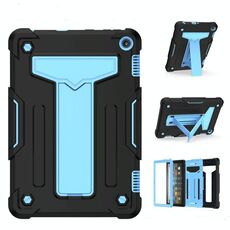 Per Amazon Kindle Fire HD 8 2020 / Fire 8 Plus Staffa a forma di T Contrasto Colore antiurto PC + Custodia protettiva per tablet in silicone (nero + blu)
