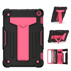 Per Amazon Kindle Fire HD 8 2020 / Fire 8 Plus Staffa a forma di T Colore a contrasto Custodia protettiva antiurto per PC + tablet in silicone (nero + rosa rossa)