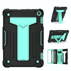 Per Amazon Kindle Fire HD 8 2020 / Fire 8 Plus Staffa a forma di T Colore a contrasto PC antiurto + Custodia protettiva per tablet in silicone (nero + verde menta)