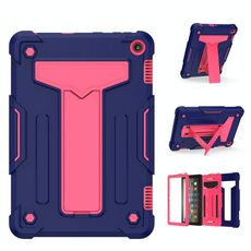 Per Amazon Kindle Fire HD 8 2020 / Fire 8 Plus Staffa a forma di T Contrasto Colore antiurto PC + Custodia protettiva per tablet in silicone (Navy + Rose Red)