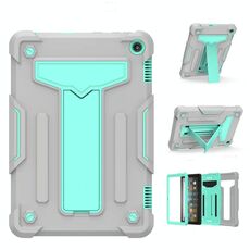 Per Amazon Kindle Fire HD 8 2020 / Fire 8 Plus Staffa a forma di T Colore a contrasto Custodia protettiva antiurto per PC + tablet in silicone (grigio + verde menta)