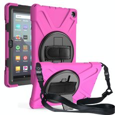 Per Amazon Kindle Fire HD8 (2020) Custodia protettiva antiurto in silicone colorato + PC con supporto e tracolla e tracolla (rosa rossa)