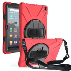 Per Amazon Kindle Fire HD8 (2020) Custodia protettiva antiurto in silicone colorato + PC con supporto e tracolla e tracolla (rossa)
