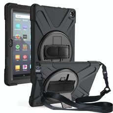 Per Amazon Kindle Fire HD8 (2020) Custodia protettiva antiurto in silicone colorato + PC con supporto e tracolla e tracolla (nera)