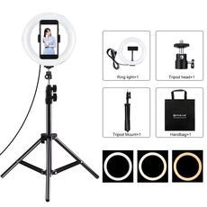 PULUZ 7,9 pollici 20 cm Luce + 1,1 m Supporto treppiede USB 3 modalità Dimmerabile Doppia temperatura colore LED Anello luminoso curvo Vlogging Selfie Fotografia Luci video con morsetto per telefono (Nero)