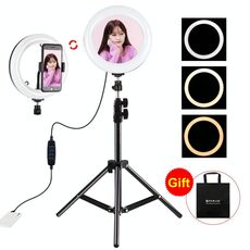 PULUZ 7,9 pollici 20 cm Specchio Luce + 1,1 m Supporto treppiede USB 3 modalità Dimmerabile Doppia temperatura colore LED Anello luminoso curvo Vlogging Selfie Fotografia Luci video con specchio e morsetto per telefono (Nero)