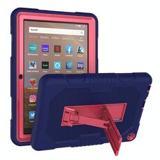 Per Amazon Kindle Fire HD 8 (2020) B2Contrast Color Silicone + Custodia protettiva per PC con supporto (blu navy + rosa rossa)
