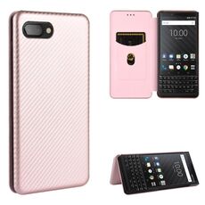 Per BlackBerry KEY2 Custodia in pelle magnetica con struttura in fibra di carbonio a vibrazione orizzontale TPU + PC + PU con slot per scheda (rosa)