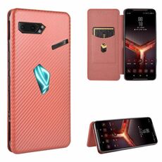 Per Asus ROG Phone II Custodia in fibra di carbonio con struttura a vibrazione orizzontale magnetica TPU + PC + Custodia in pelle PU con slot per scheda (marrone)
