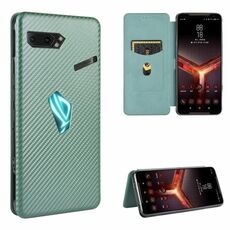 Per Asus ROG Phone II Custodia in fibra di carbonio con struttura magnetica orizzontale Flip TPU + PC + Custodia in pelle PU con slot per scheda (verde)