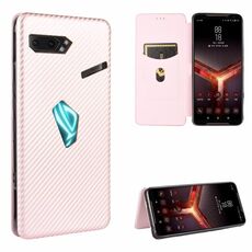 Per Asus ROG Phone II Custodia in fibra di carbonio con struttura magnetica orizzontale Flip TPU + PC + Custodia in pelle PU con slot per scheda (rosa)