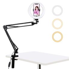 PULUZ 7,9 pollici 20 cm Anello di luce curva + Supporto da tavolo USB 3 modalità Dimmerabile Doppia temperatura colore LED Vlogging Selfie Fotografia Luci video con morsetto per telefono (Nero)