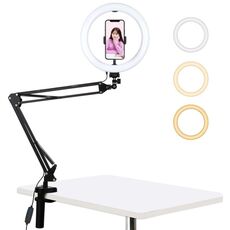 PULUZ 10,2 pollici 26 cm Anello con luce curva + Supporto da tavolo USB 3 modalità Dimmerabile Doppia temperatura colore LED Vlogging Selfie Fotografia Luci video con morsetto per telefono (Nero)