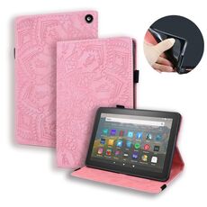 Per Amazon Fire HD 8 (2020) Custodia in pelle con ribaltina orizzontale in rilievo con trama di vitello con supporto, slot per schede e cornice per foto (rosa)