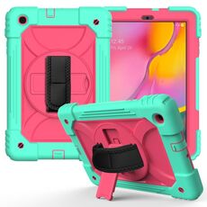 Per Samsung Galaxy Tab A 10.1 (2019) T510 / T515 Custodia combinata antiurto PC + silicone con supporto e tracolla e tracolla (verde menta + rosa rossa)