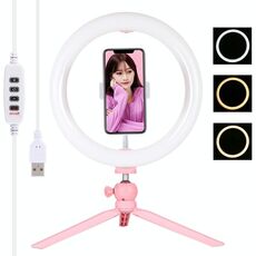 PULUZ 10,2 pollici 26 cm luce + supporto treppiede da tavolo USB 3 modalità dimmerabile doppia temperatura colore LED curvo anello di luce diffusa Vlogging selfie fotografia luci video con morsetto telefono (rosa)