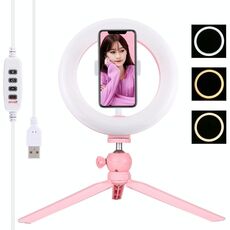 Pulluz 7.9 pollici 20 cm luce + desktop treppiede montaggio USB 3 modalità dimmerabile doppia temperatura colore a led luce curva anello vlogging selfie bellezza fotografia video luci con morsetto telefonico (rosa)