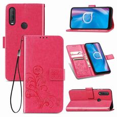 Per Alcatel 1S (2020) Custodia in pelle con fibbia in rilievo con fibbia in rilievo a quattro foglie Custodia in pelle con cordino e slot per schede e portafoglio e funzione di supporto (magenta)