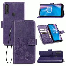 Per Alcatel 1S (2020) Custodia in pelle con fibbia in rilievo con fibbia in rilievo a quattro foglie Custodia in pelle con cordino, slot per schede e portafoglio e funzione di supporto (viola)