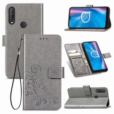 Per Alcatel 1S (2020) Custodia in pelle con fibbia in rilievo con fibbia in rilievo a quattro foglie Custodia in pelle con cordino, slot per schede e portafoglio e funzione di supporto (grigio)
