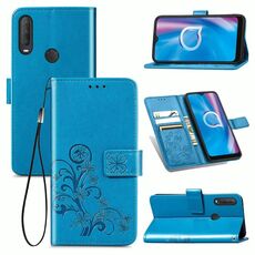 Per Alcatel 1S (2020) Custodia in pelle con fibbia in rilievo con fibbia in rilievo a quattro foglie Custodia in pelle con cordino e slot per schede e portafoglio e funzione di supporto (blu)