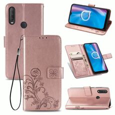 Per Alcatel 1S (2020) Custodia in pelle con fibbia in rilievo con fibbia in rilievo a quattro foglie Custodia in pelle con cordino, slot per schede e portafoglio e funzione di supporto (oro rosa)