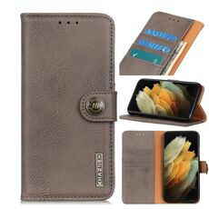 Per Samsung Galaxy S21 Ultra 5G KHAZNEH Custodia in pelle a vibrazione orizzontale con struttura in pelle bovina con supporto, slot per schede e portafoglio (cachi)