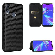Per Asus Zenfone Max (M2) ZB633KL Custodia in fibra di carbonio con struttura in fibra di carbonio a vibrazione orizzontale magnetica TPU + PC + Custodia in pelle PU con slot per scheda (nero)