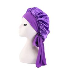 TJM-301-1 Cappello da notte elasticizzato regolabile a tesa larga in seta sintetica Cappello tondo con nastro in raso Cuffia da doccia Cappello per la cura dei capelli, Taglia: Formato libero(Viola)