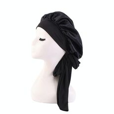 TJM-301-1 Cappello da notte elasticizzato regolabile a tesa larga in seta finta Nastro di raso Cappello rotondo Cuffia da doccia Cappello per la cura dei capelli, Taglia: Formato libero(Nero)
