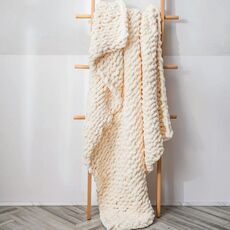 Coperta lavorata a maglia di lana spessa fatta a mano Coperta lavorata a maglia con bastoncino di ciniglia, dimensioni: 80 x 100 cm (crema pasticcera)