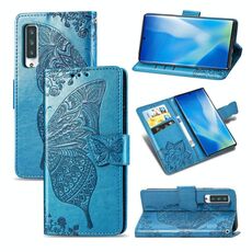 Per Arrows NX9 F-52A Custodia in pelle con vibrazione orizzontale in rilievo a farfalla Love Flower con staffa / slot per schede / portafoglio / cordino (blu)