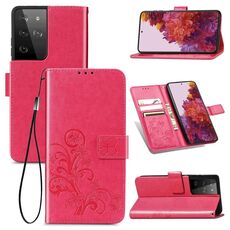 Custodia in pelle di protezione del telefono cellulare con fibbia in rilievo con chiusura a quattro foglie con cordino, slot per schede e portafoglio e staffa per Samsung Galaxy S30 Ultra (magenta)